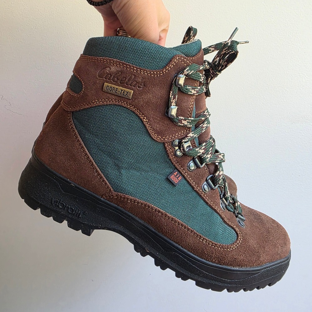 Vintage Cabelas Gore-Tex Vibram Hiking Boots Brown Green Suede Mens 7.5 Gorp